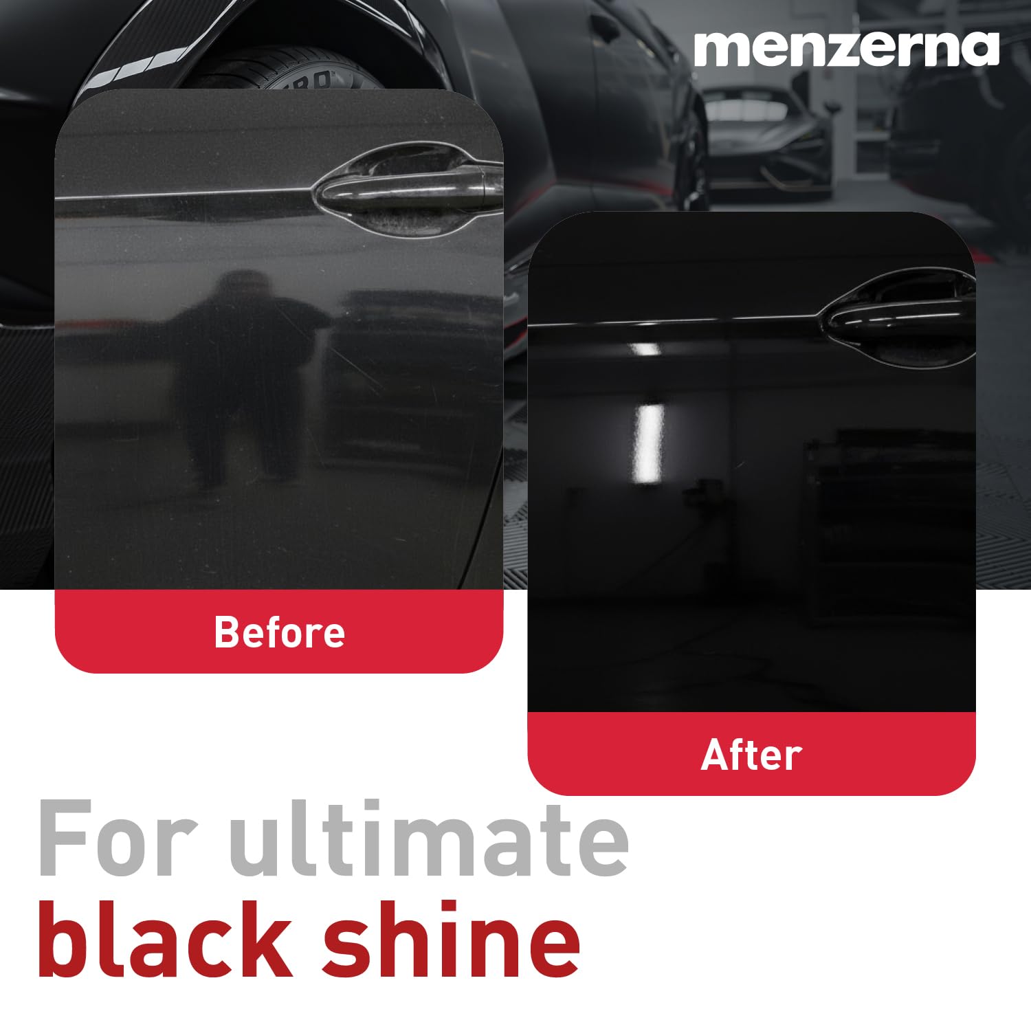 Menzerna Black Gloss & Protect before and after surface comparison showing depth