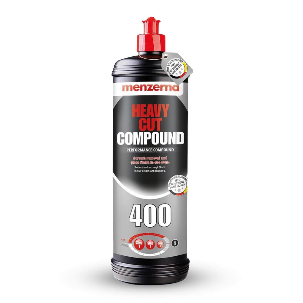 Menzerna Heavy Cut 400 bottle ready for automotive polishing session