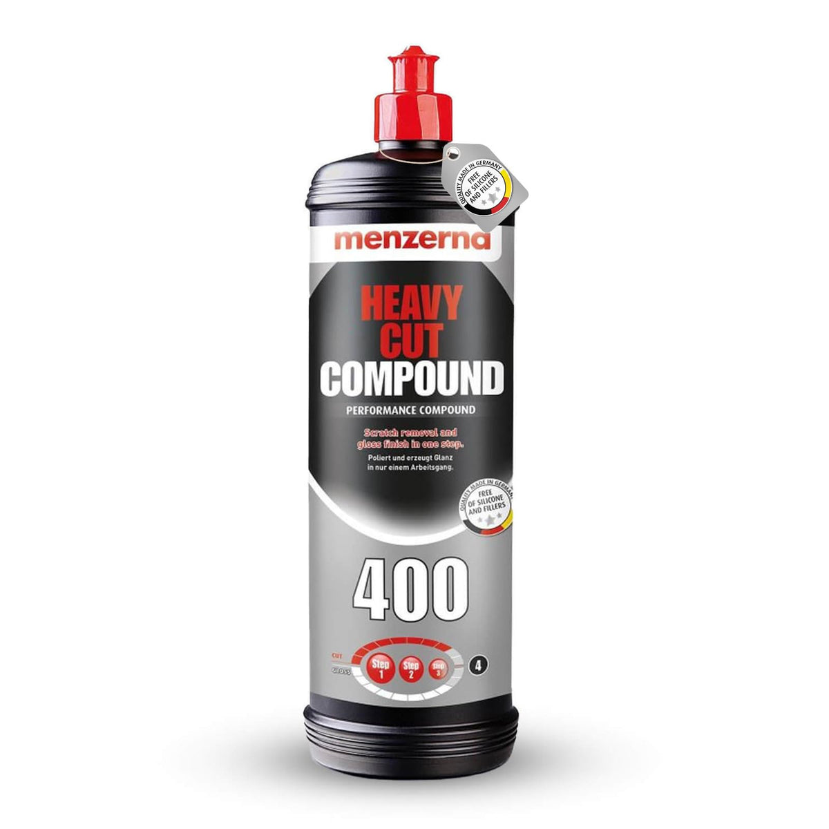 Menzerna Heavy Cut 400 bottle ready for automotive polishing session