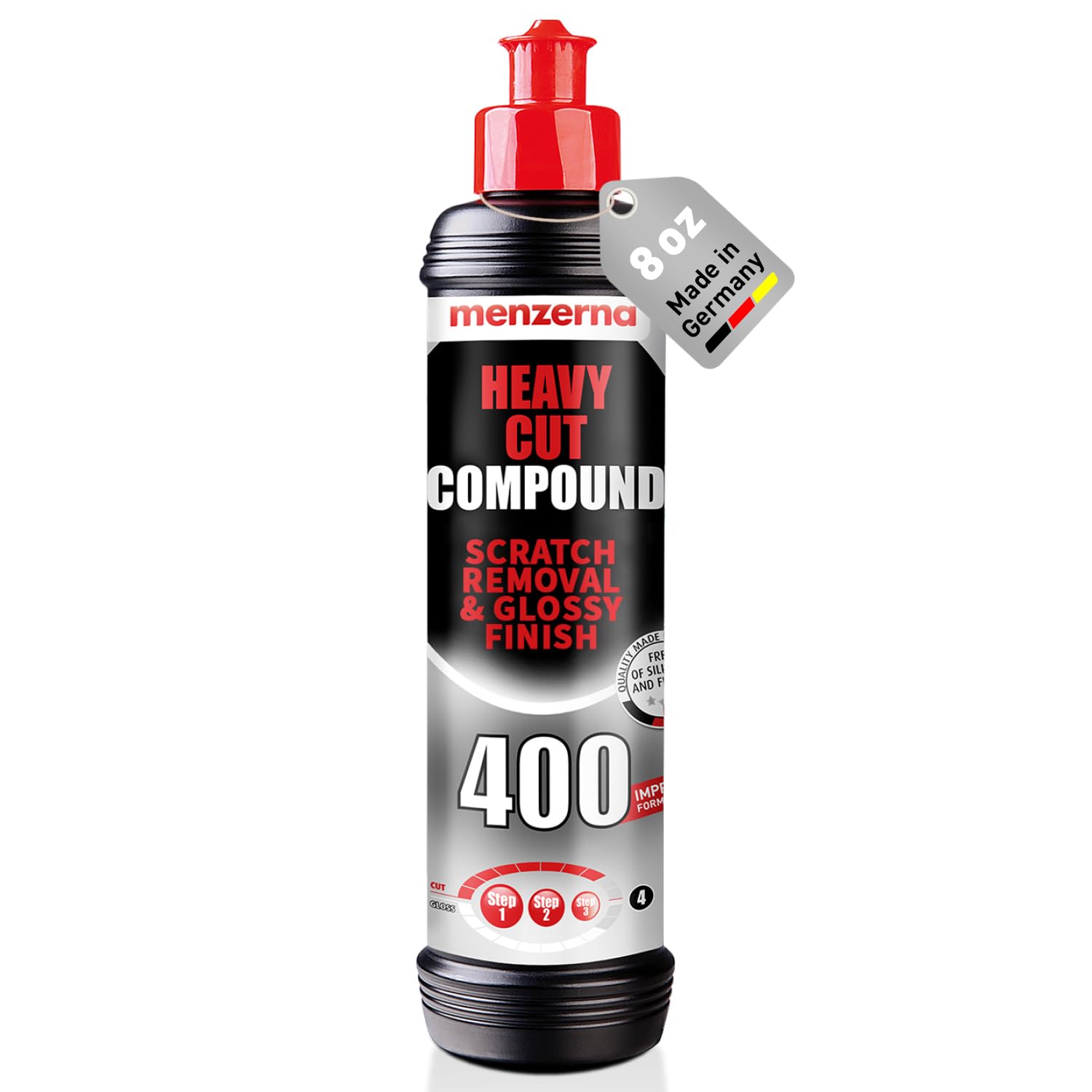 Menzerna Heavy Cut Compound 400 bottle ready for detailed car polishing and scratch repair.