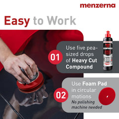 Menzerna Heavy Cut Compound 400 used with rotary polisher for professional correction.