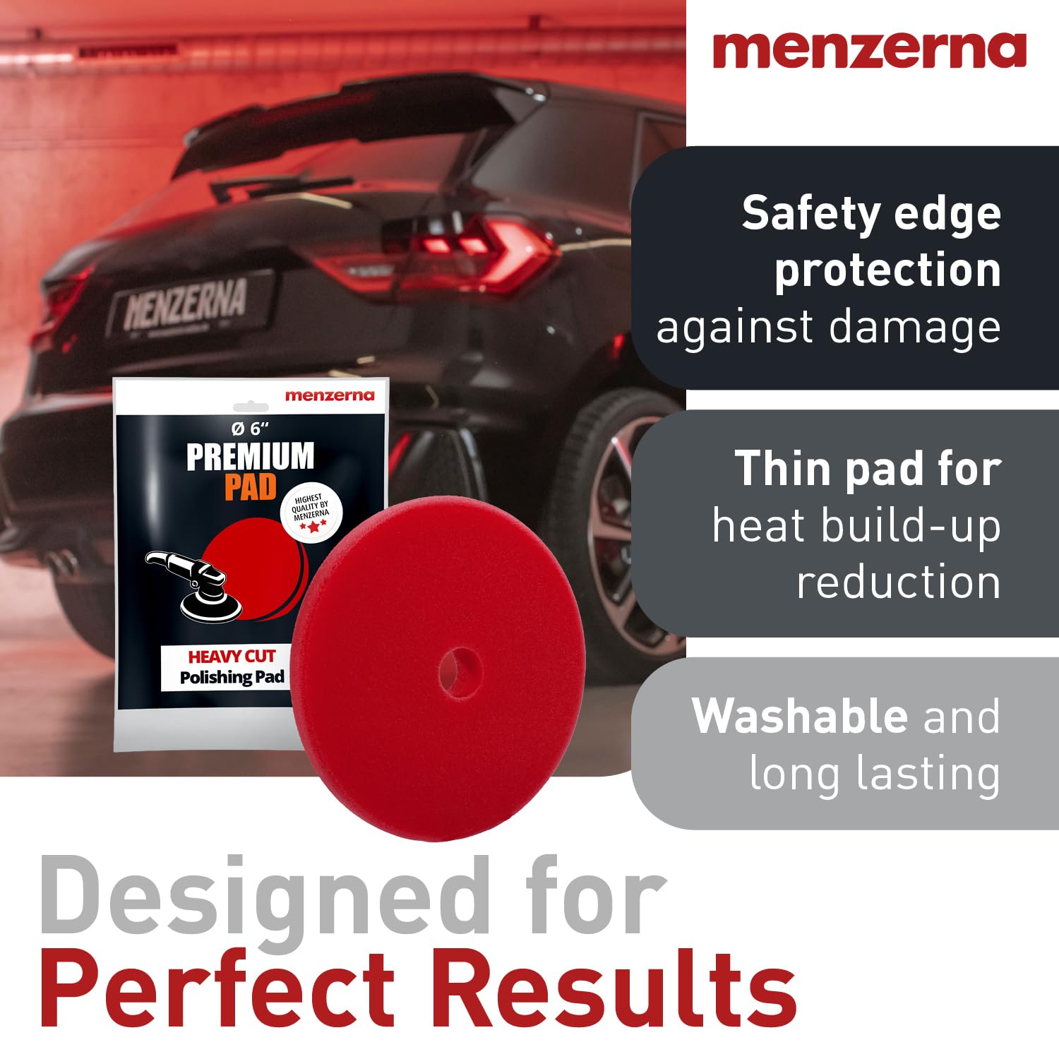 Menzerna heavy cut pad with Velcro back for quick attachment and removal