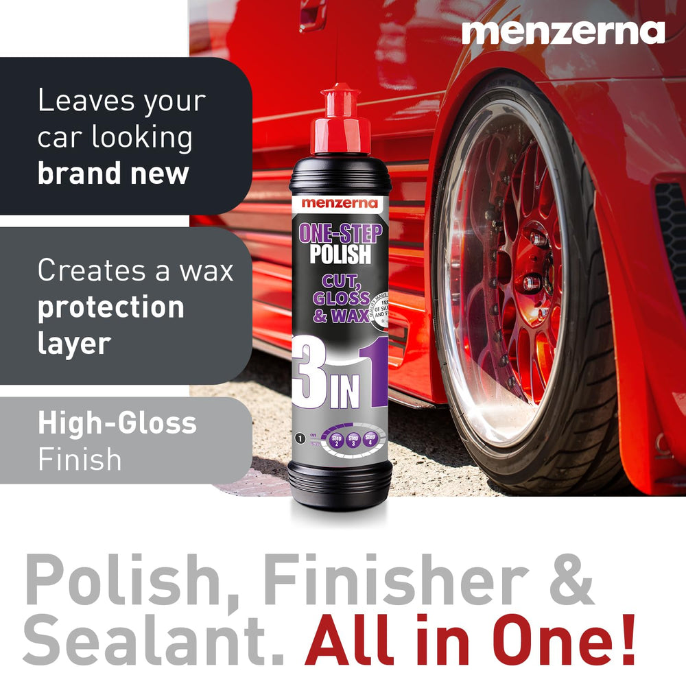 Menzerna green soft-cut pad achieving a high-shine finish on painted surfaces.