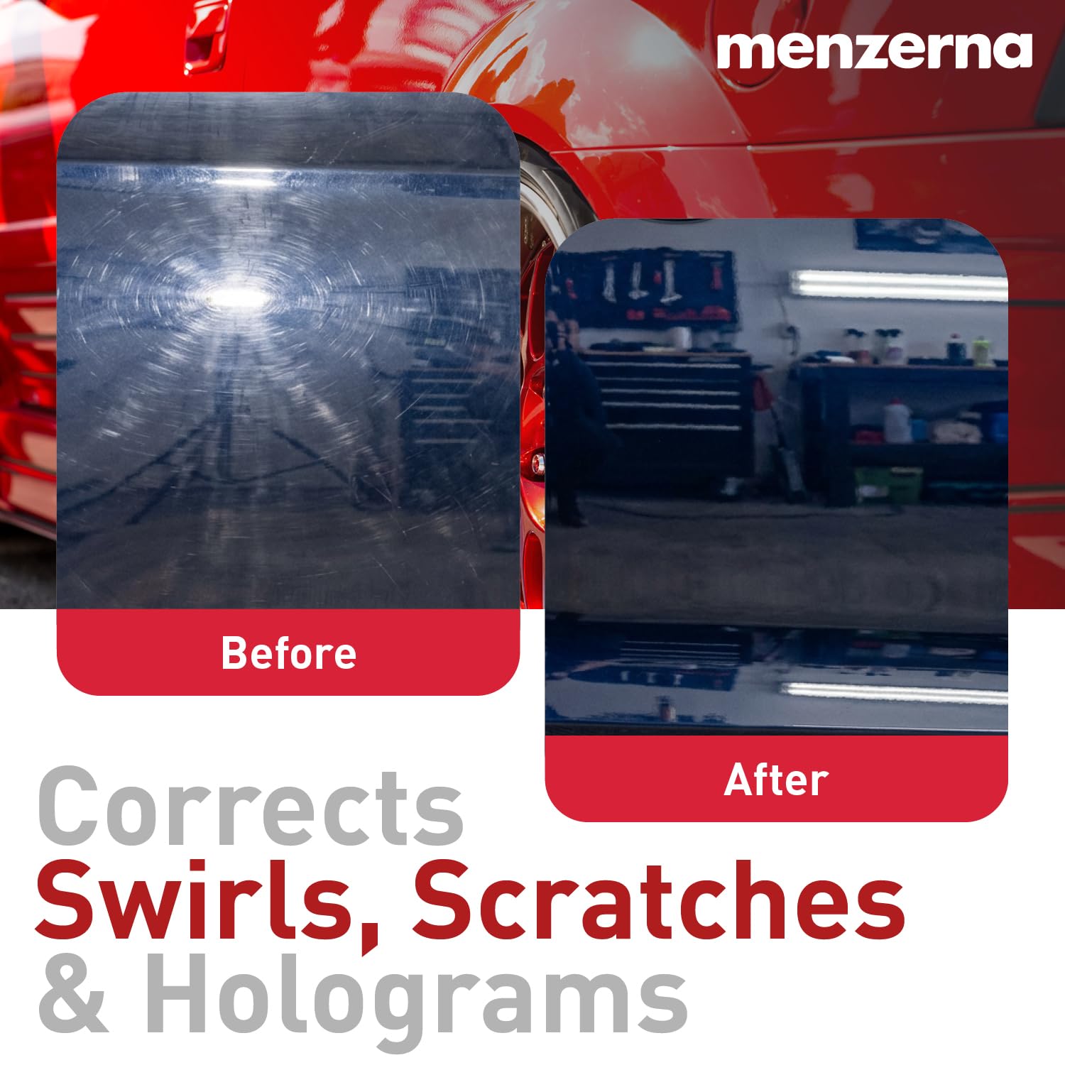 Yellow medium-cut pad with Menzerna 3in1 for correcting gentle scratches.