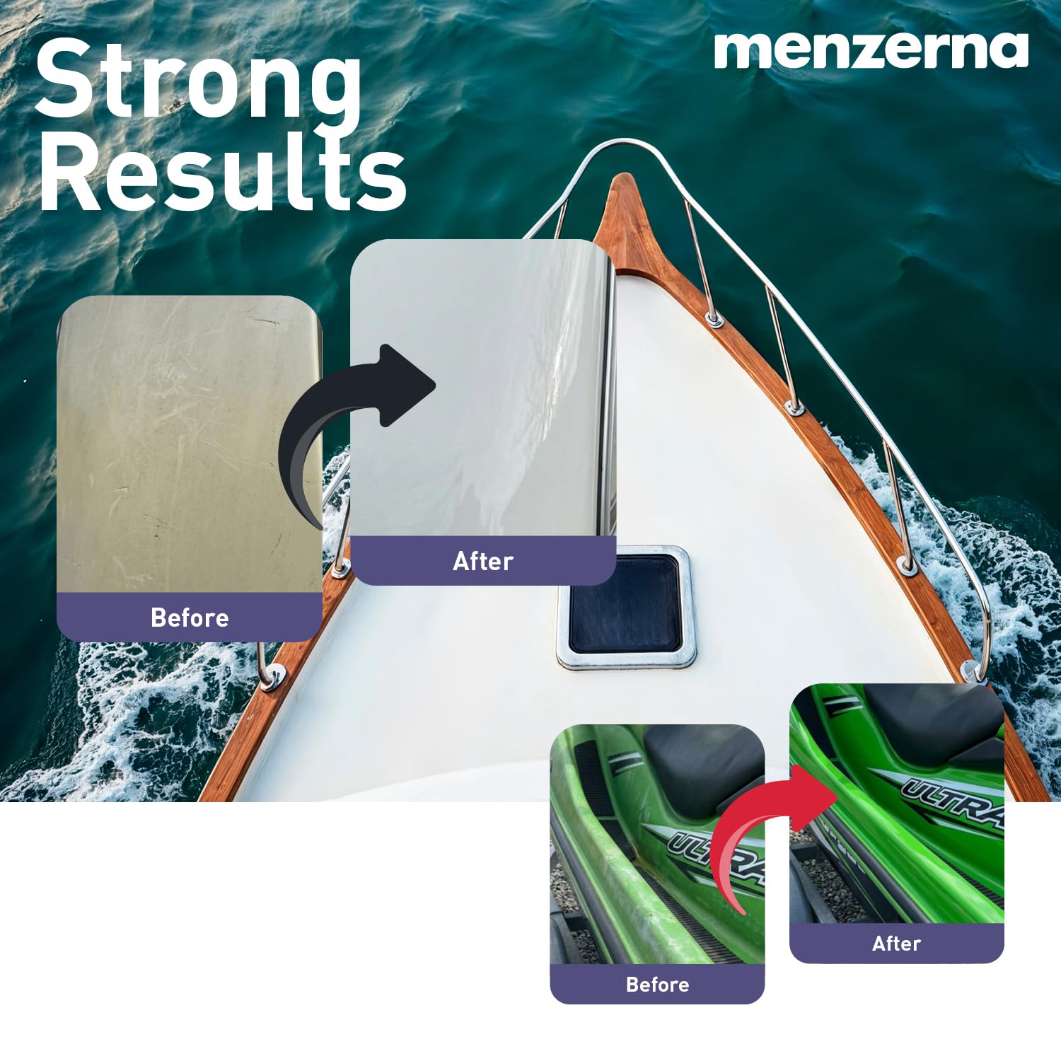 Boat exterior treated with Menzerna polish for enhanced gloss and protection.