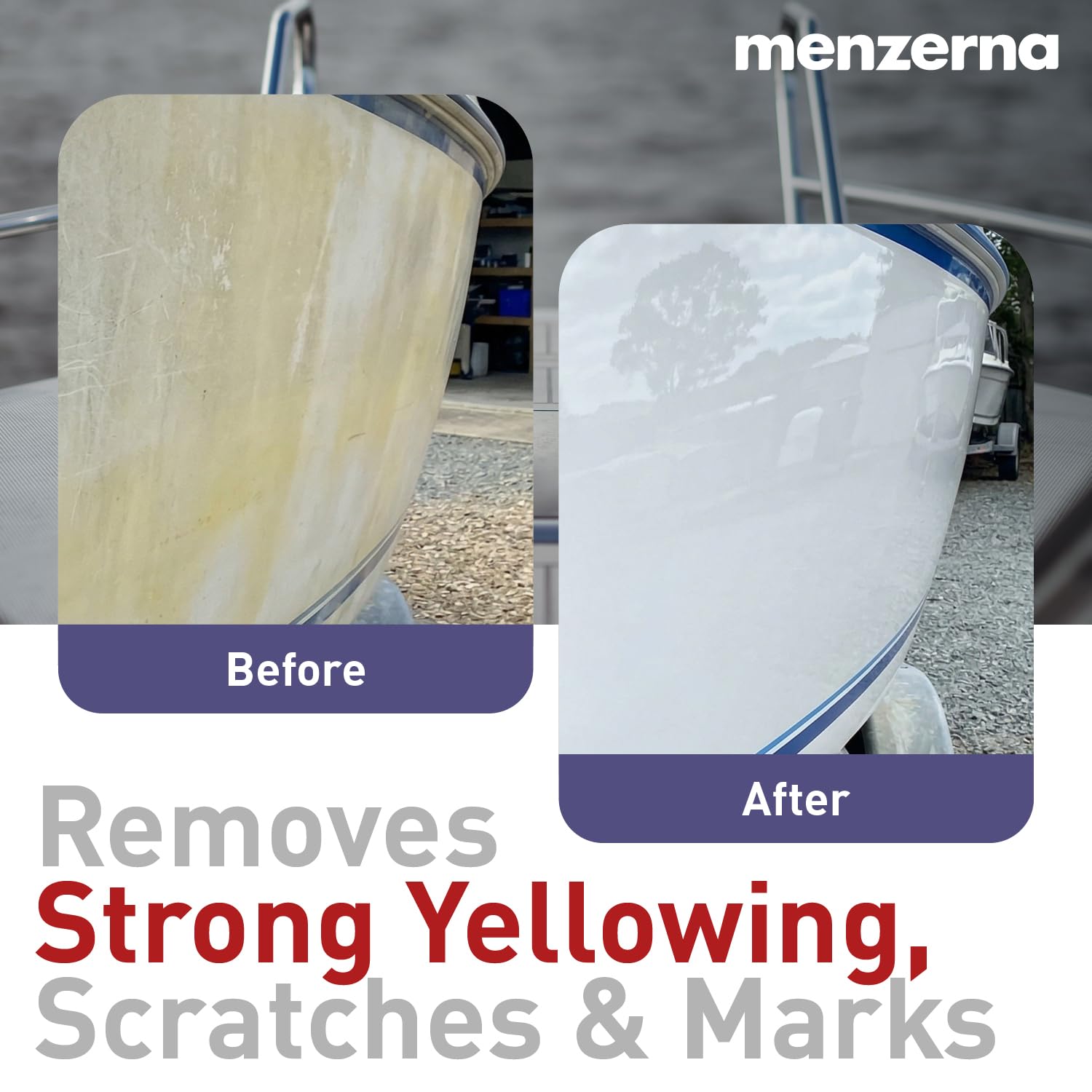 Menzerna Premium One Step Gelcoat Polish applied on boat hull for smooth gloss.