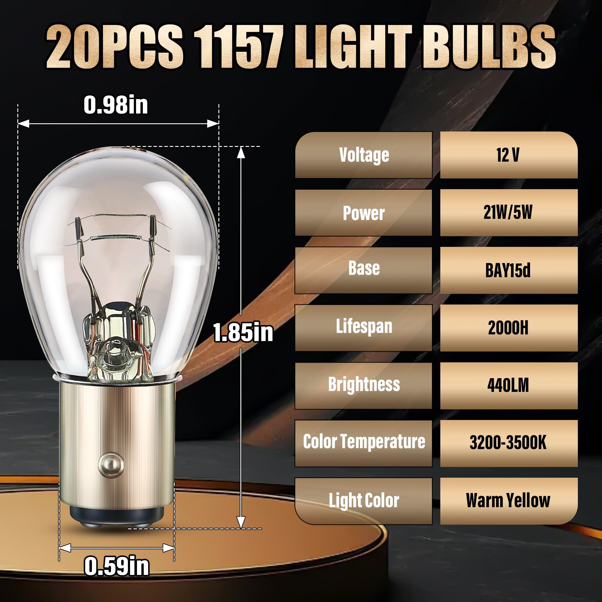 Meonum 30-pack 1157 bulbs side view shows durable construction for rough road use
