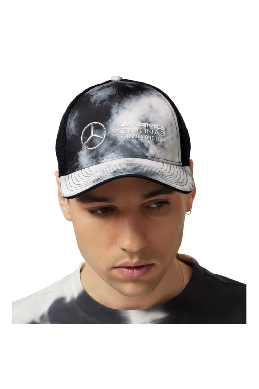Mercedes AMG Petronas F1 tie-dye trucker hat back view shows breathable mesh and adjustable fit