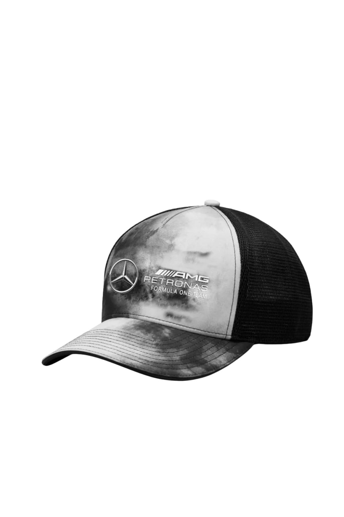 Mercedes AMG Petronas F1 tie-dye trucker hat front view with vibrant colors and bold branding