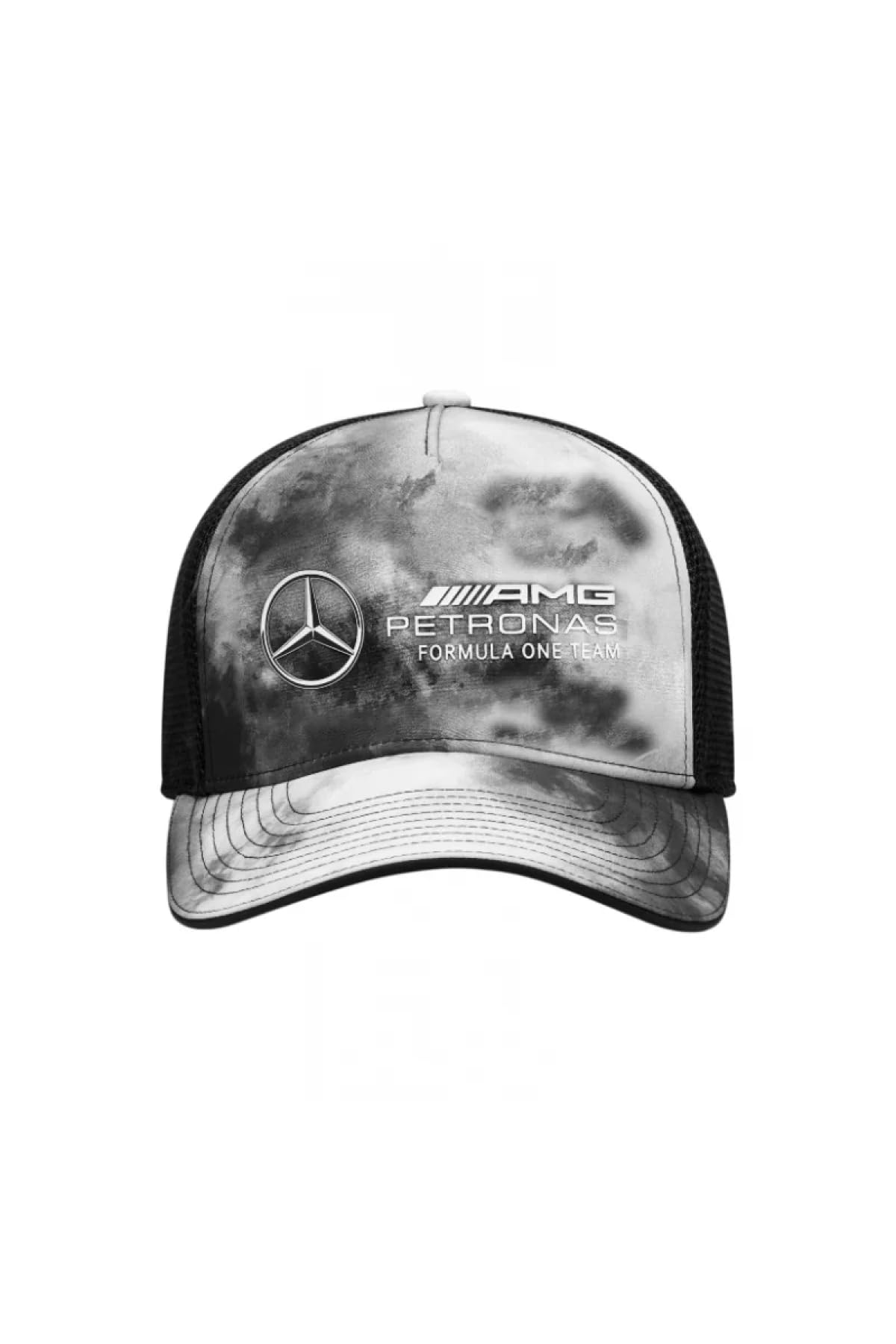Mercedes AMG Petronas F1 tie-dye trucker hat logo view highlights emblem and premium styling
