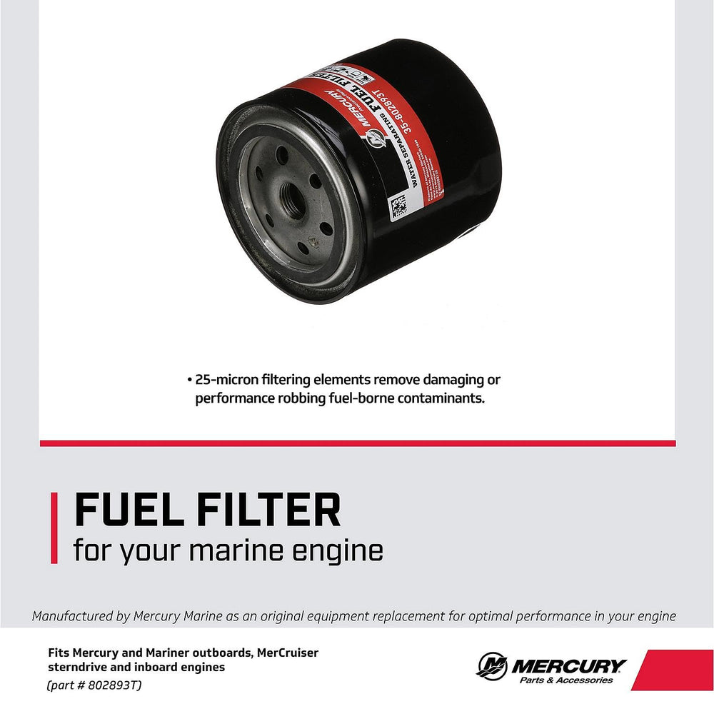 Mercury 802893T water-separation in fuel system illustration emphasizes water removal.