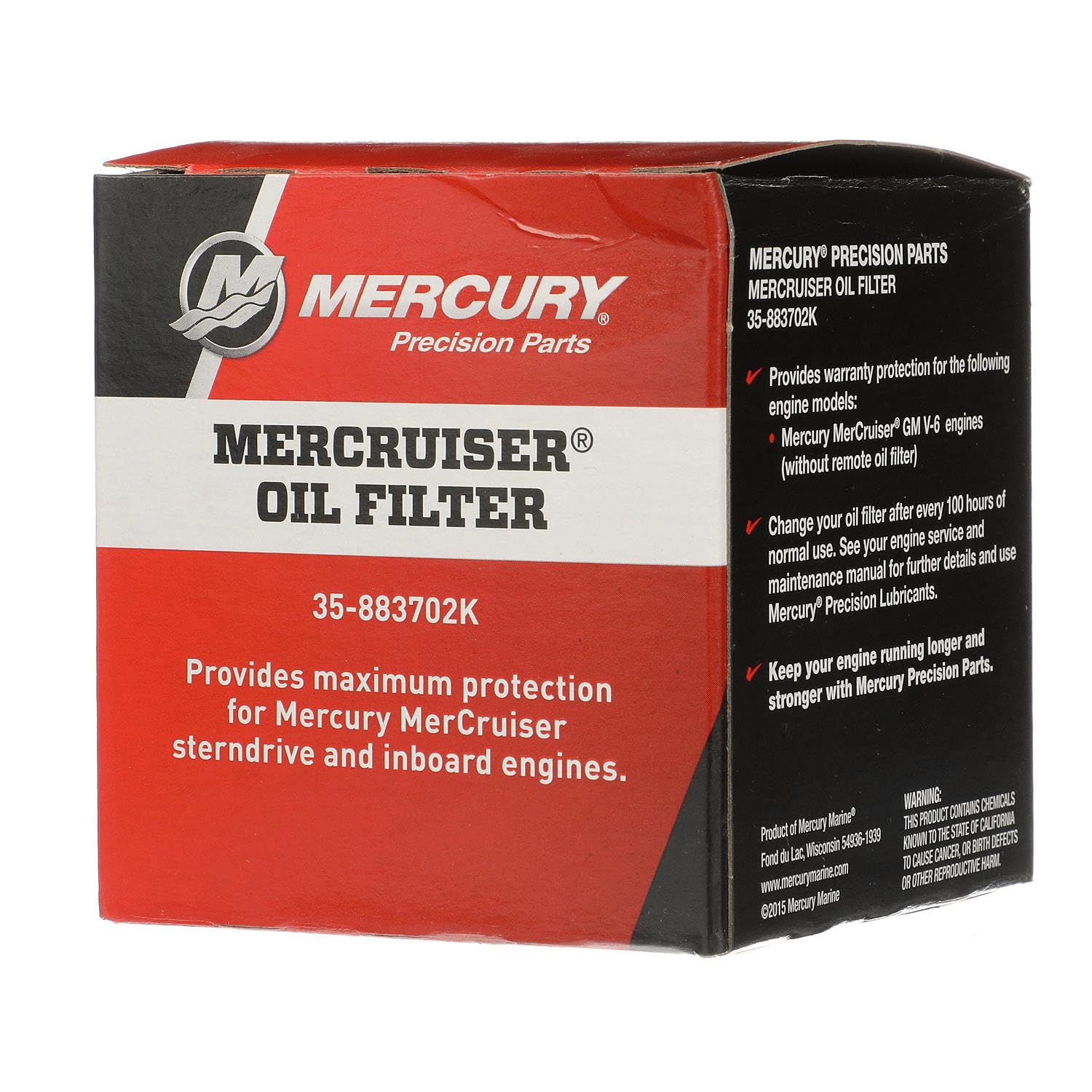 Mercury 883702K engine-block mounted filter compatible with MerCruiser V6.
