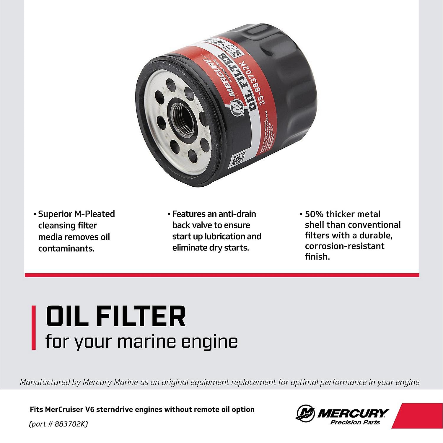 Mercury 883702K oil filter packaging ready for replacement.