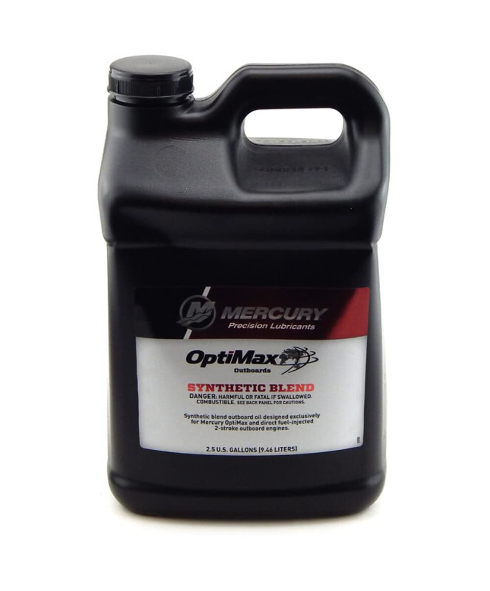 Mercury OptiMax DFI 2-cycle oil bottle for high-performance engines, reducing deposits and smoke