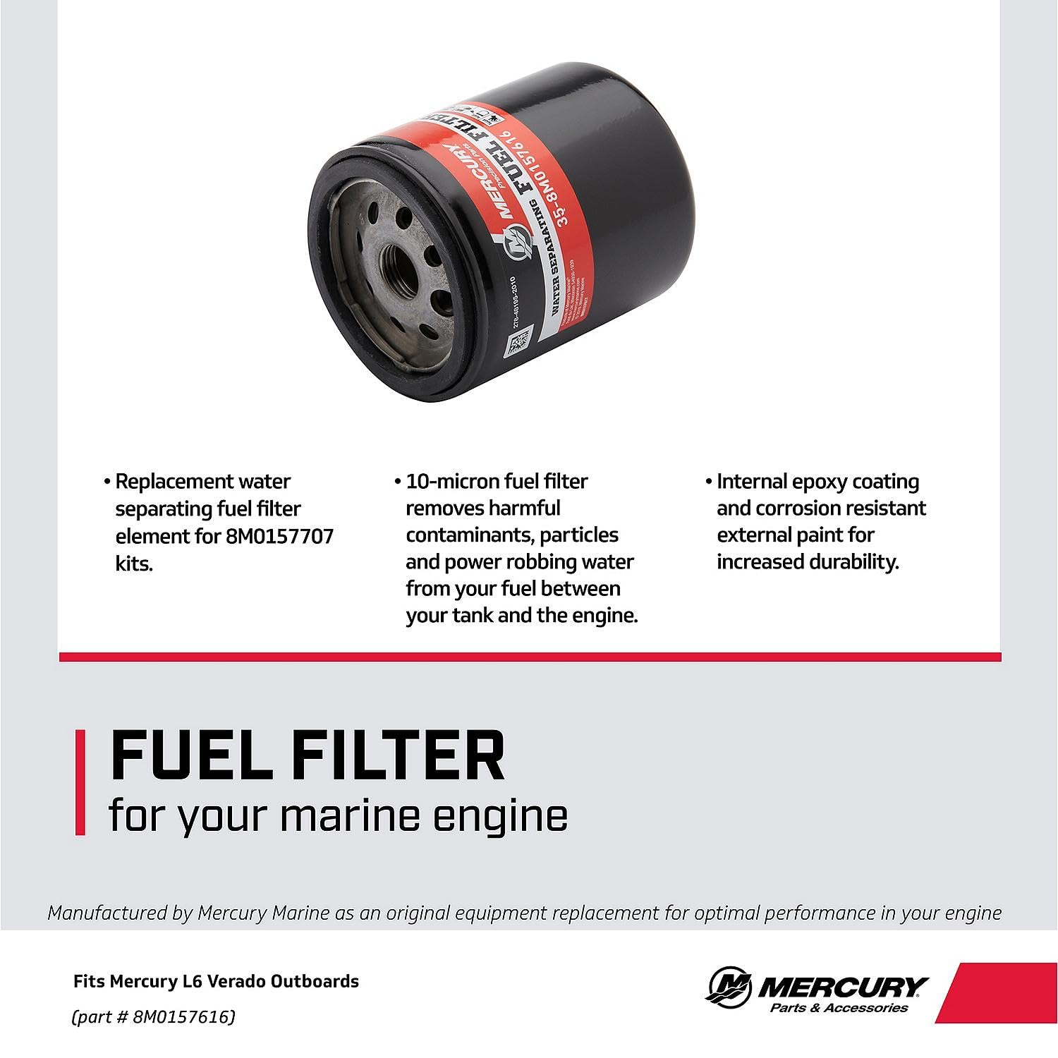 Mercury 8M0157616 installation image on boat engine, ease of filter kit replacement