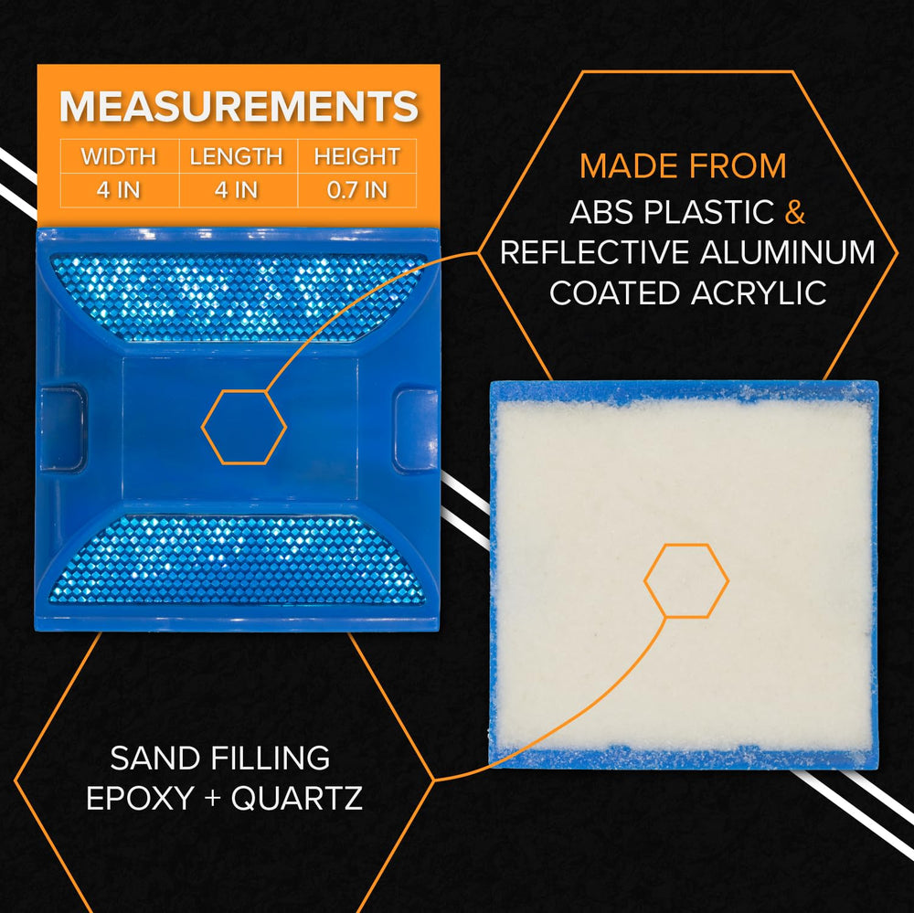 Merhoff and Larkin epoxy-filled blue road reflectors showing durable center fill.