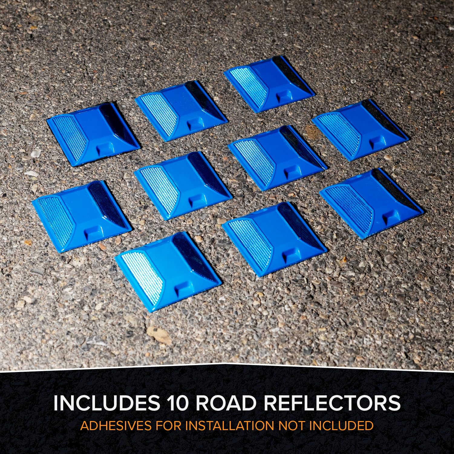 Merhoff and Larkin blue reflectors installed on a speed bump for visibility.