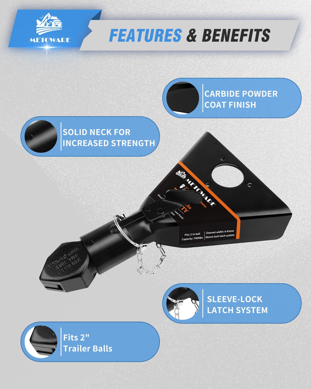 METOWARE 2in A-Frame Coupler with black powder coat resists weather