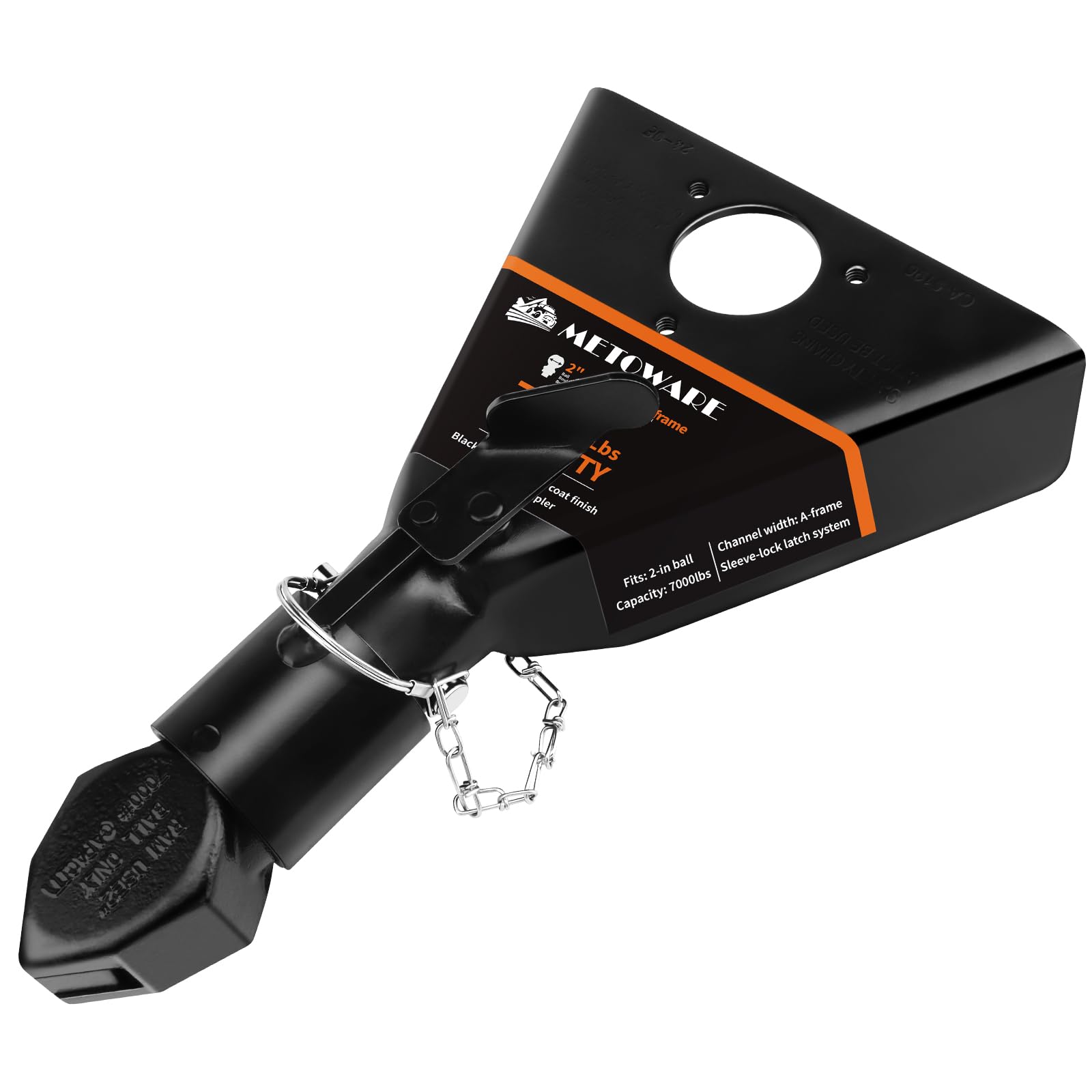 METOWARE 2in A-Frame Coupler latch closeup showing a durable sleeve-lock mechanism
