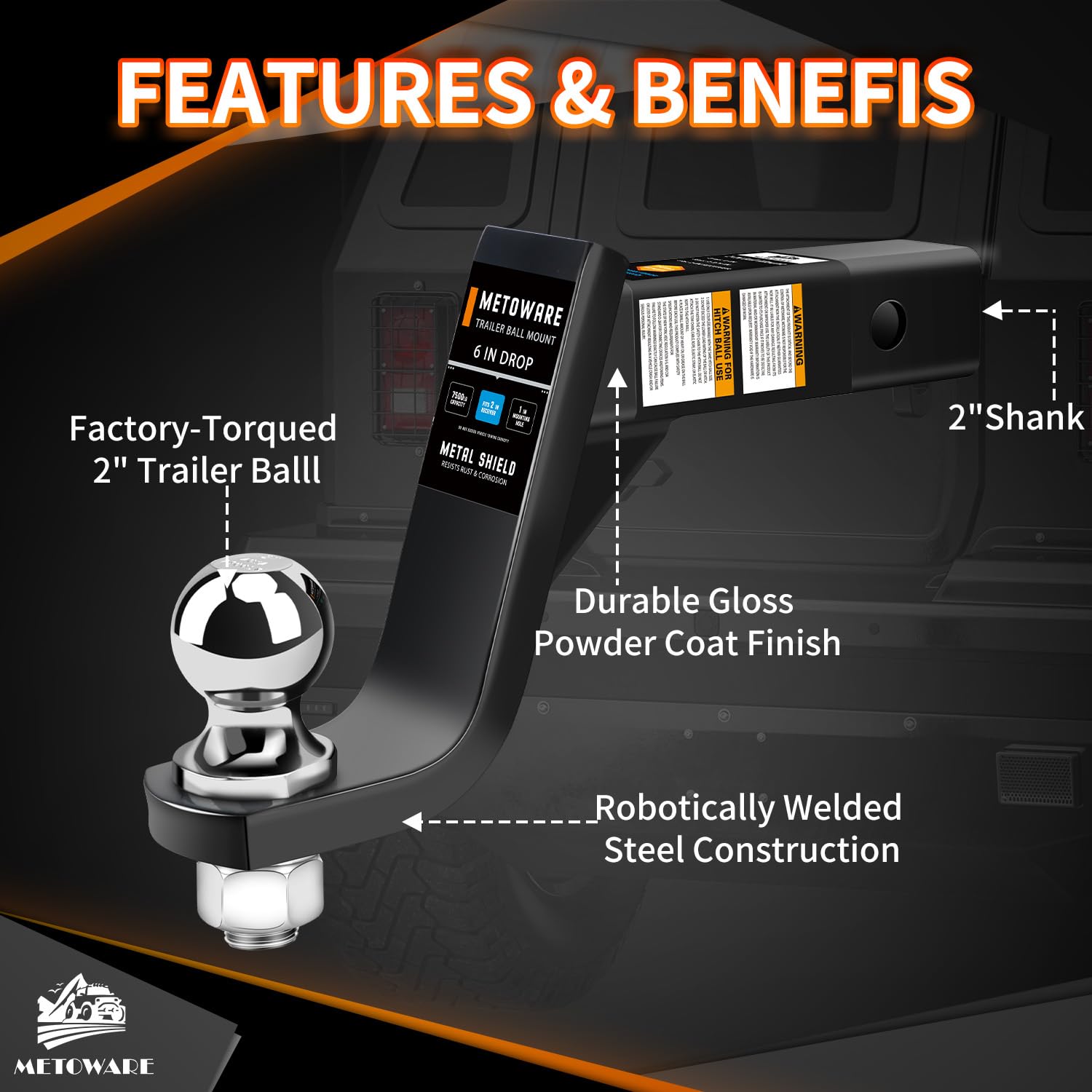 METOWARE 2-inch receiver compatibility enables easy installation on most trucks.