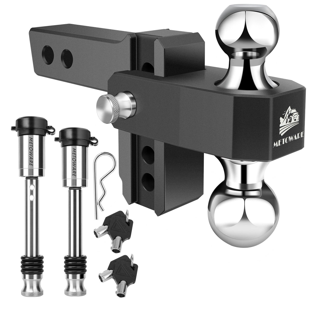 METOWARE adjustable trailer hitch with aluminum drop for precise 4-inch rise and 4-inch drop.