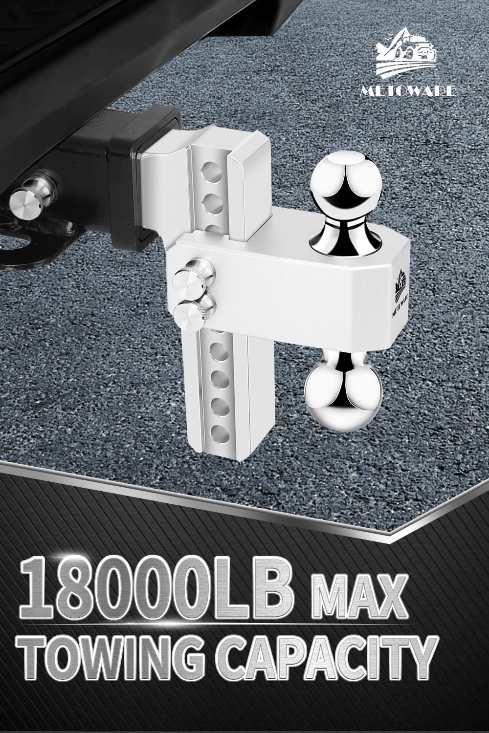 METOWARE aluminum hitch close-up showing anti-rust finish for harsh environments