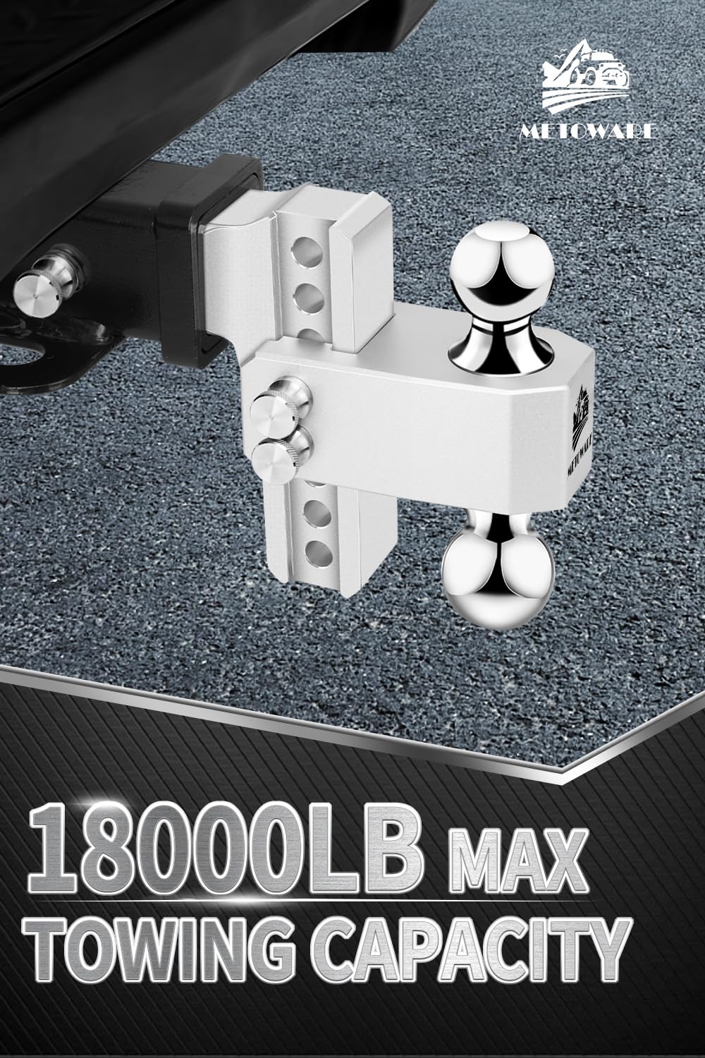 METOWARE aluminum hitch with 6-inch drop and rise enables level towing on uneven ground.