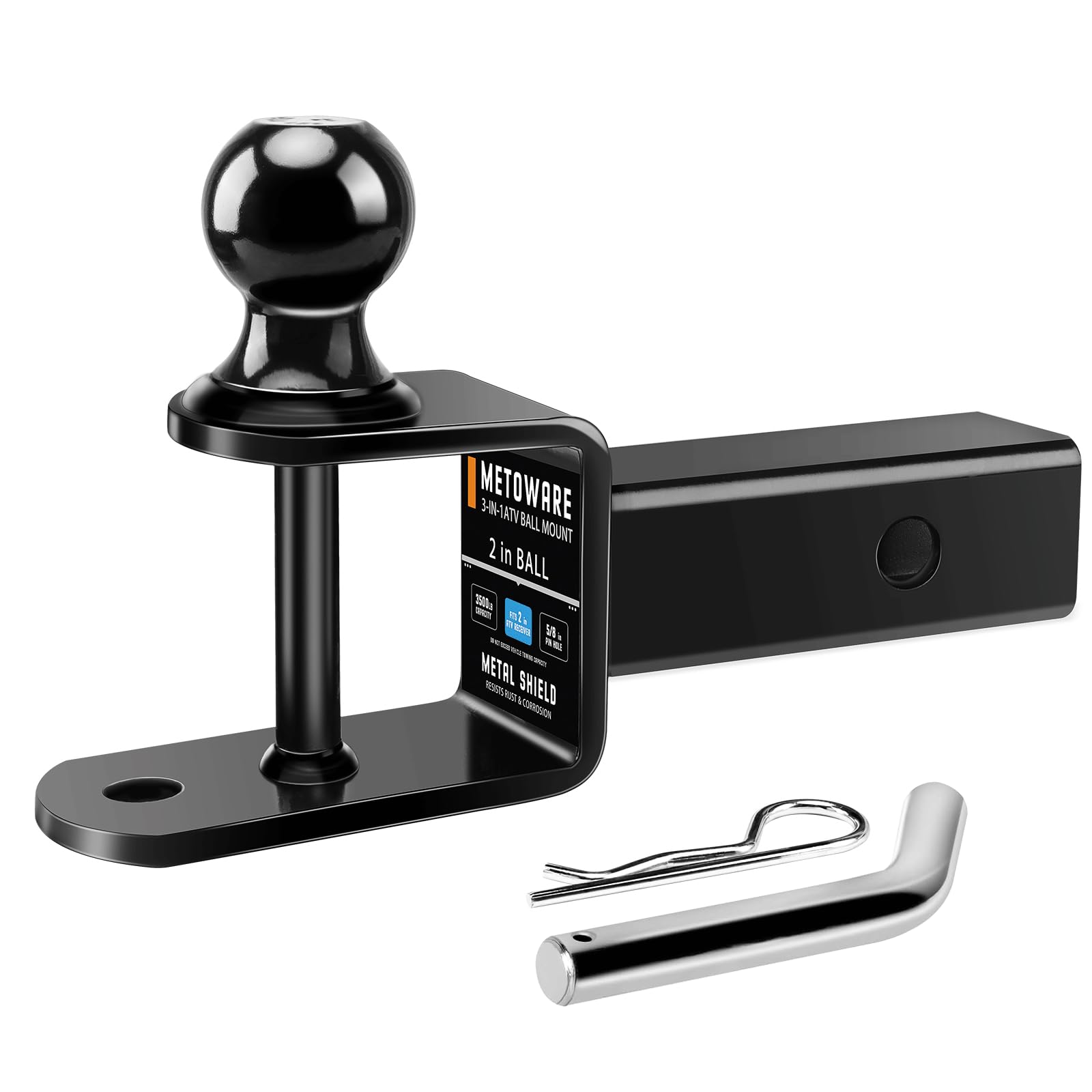 METOWARE ATV hitch ball close-up showing sturdy 2-inch ball for reliable towing