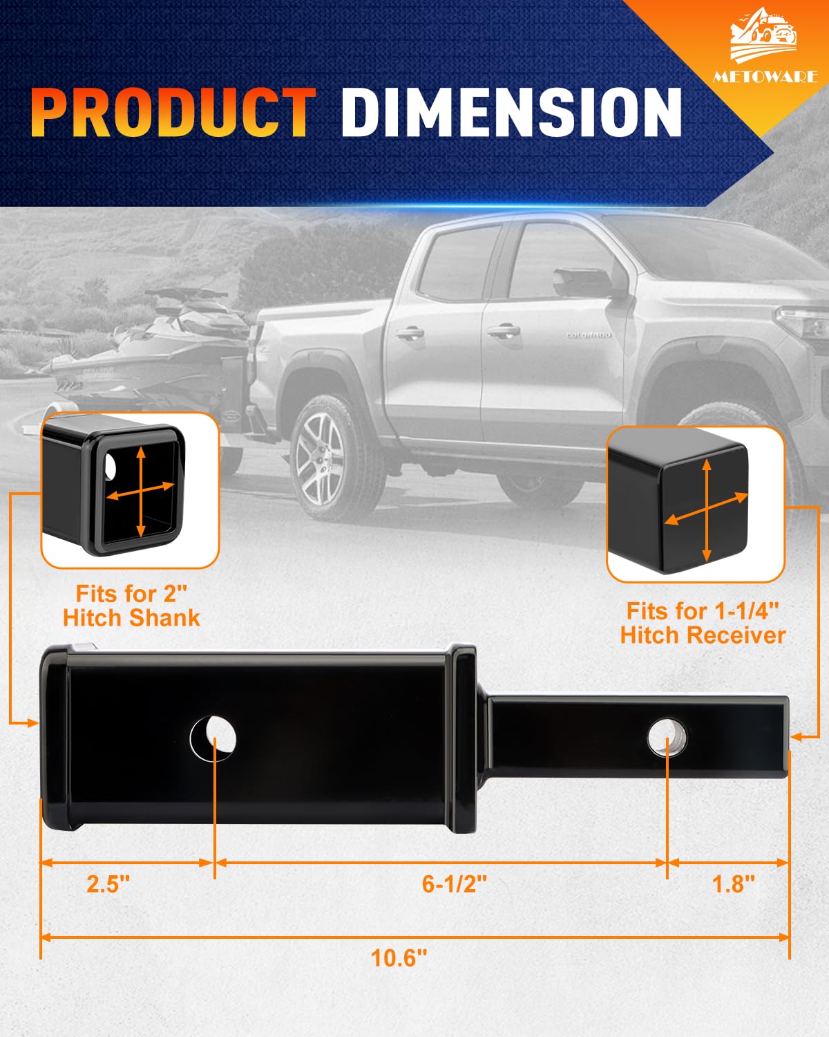 METOWARE extension shows a 6-1/2 inch reach, adding bumper clearance