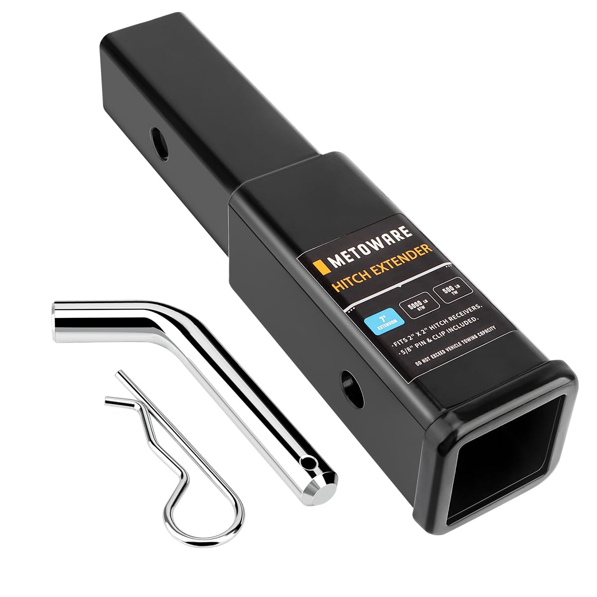 METOWARE trailer hitch extender with 7-inch reach for 2-inch receivers, enabling easier hitching.