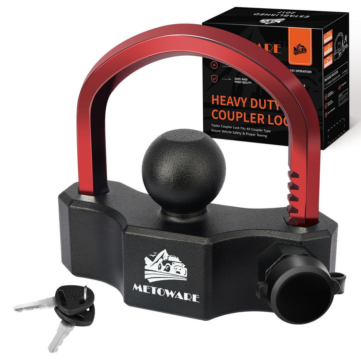 METOWARE universal hitch lock with adjustable fit to multiple couplers for secure towing