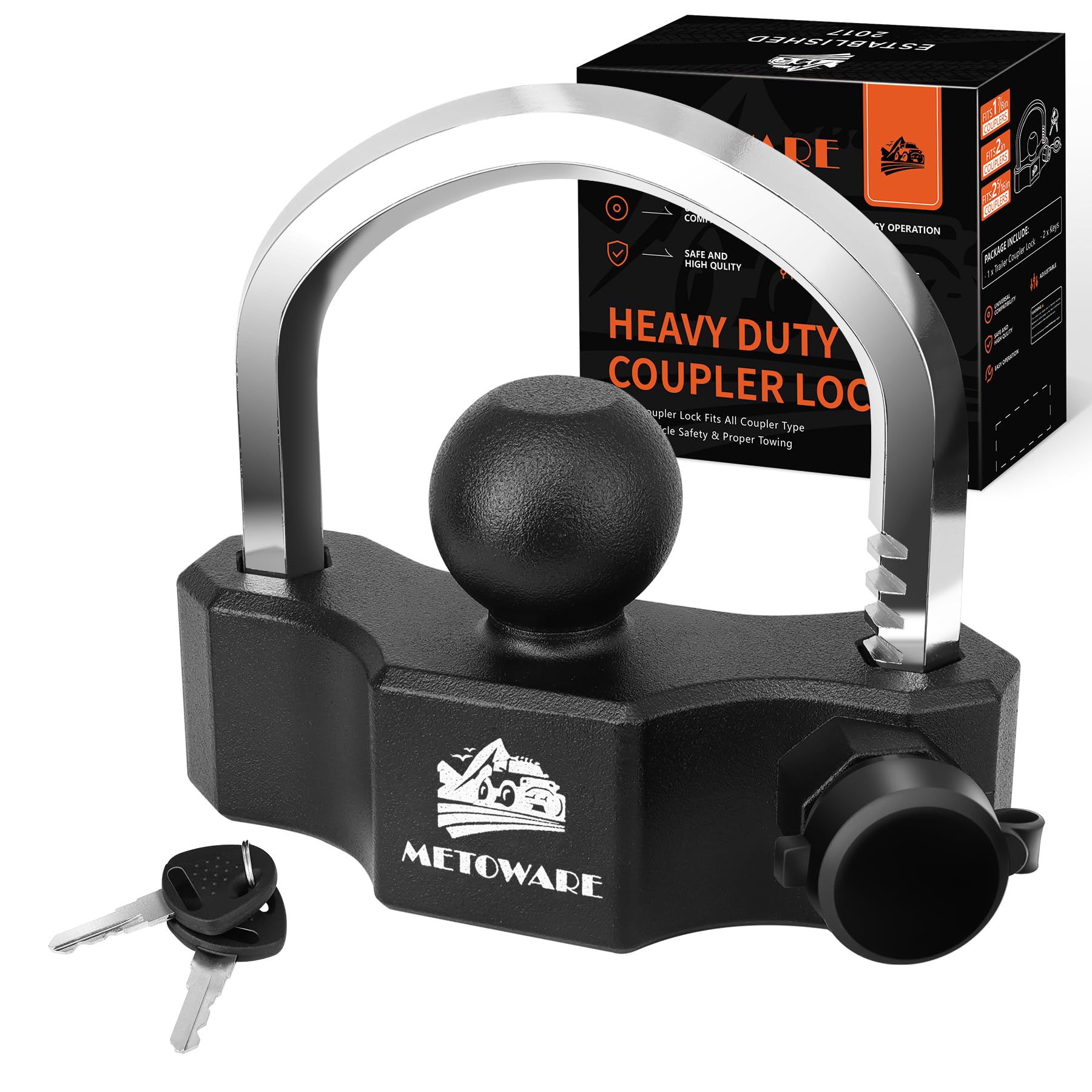 METOWARE universal trailer coupler lock closeup shows rugged aluminum body and secure grip.