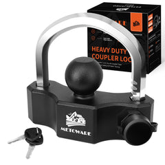 METOWARE universal trailer coupler lock closeup shows rugged aluminum body and secure grip.