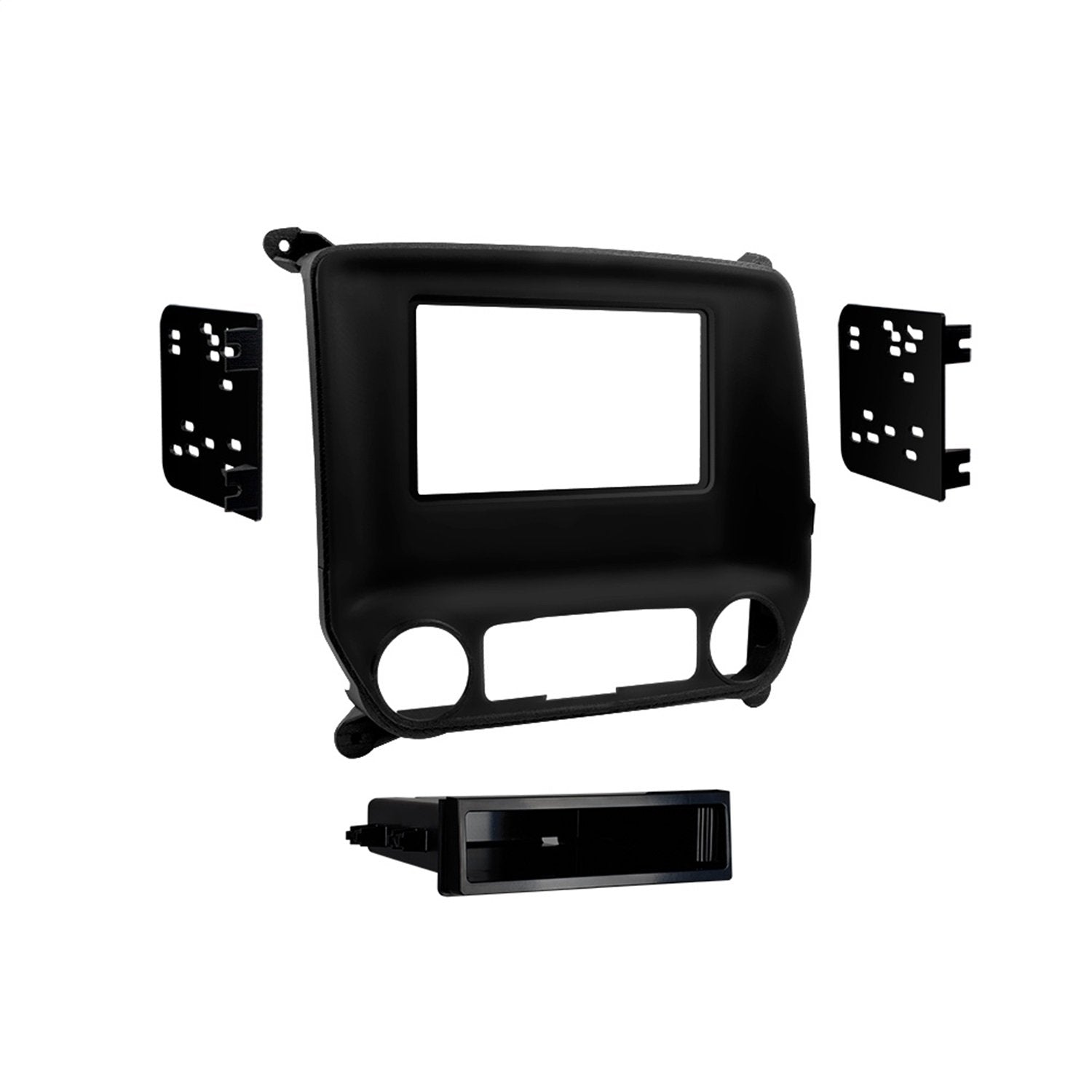 Metra 99-3014G custom-fit mounting kit installed in Chevy Silverado dash for seamless radio installation