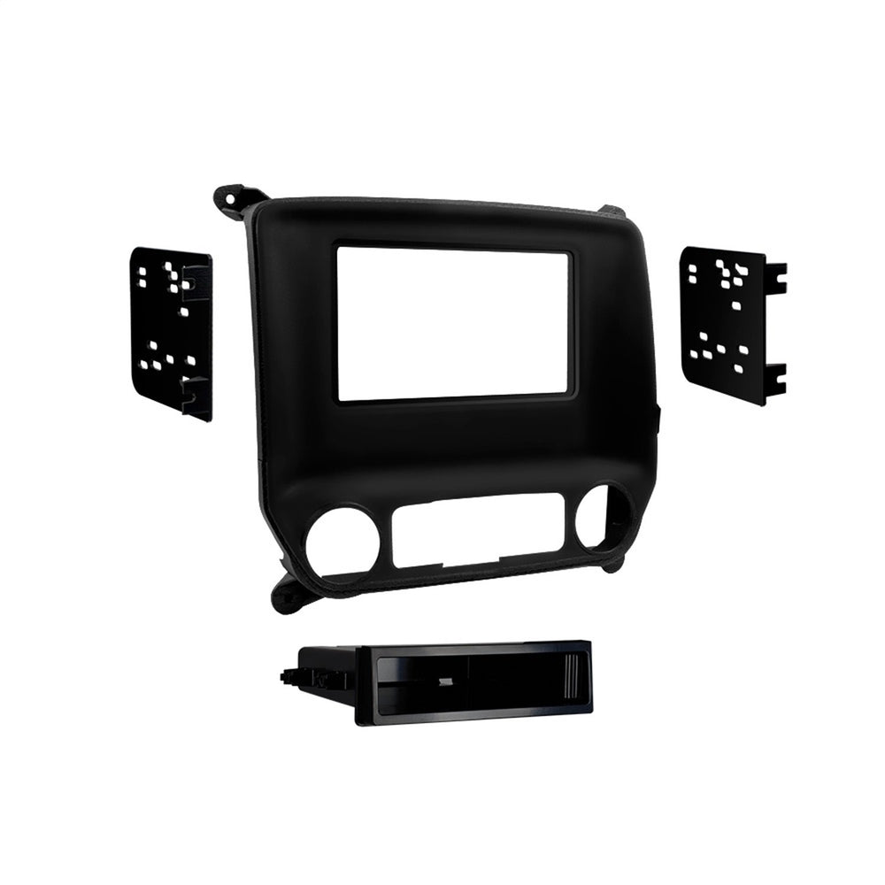 Metra 99-3014G custom-fit mounting kit installed in Chevy Silverado dash for seamless radio installation