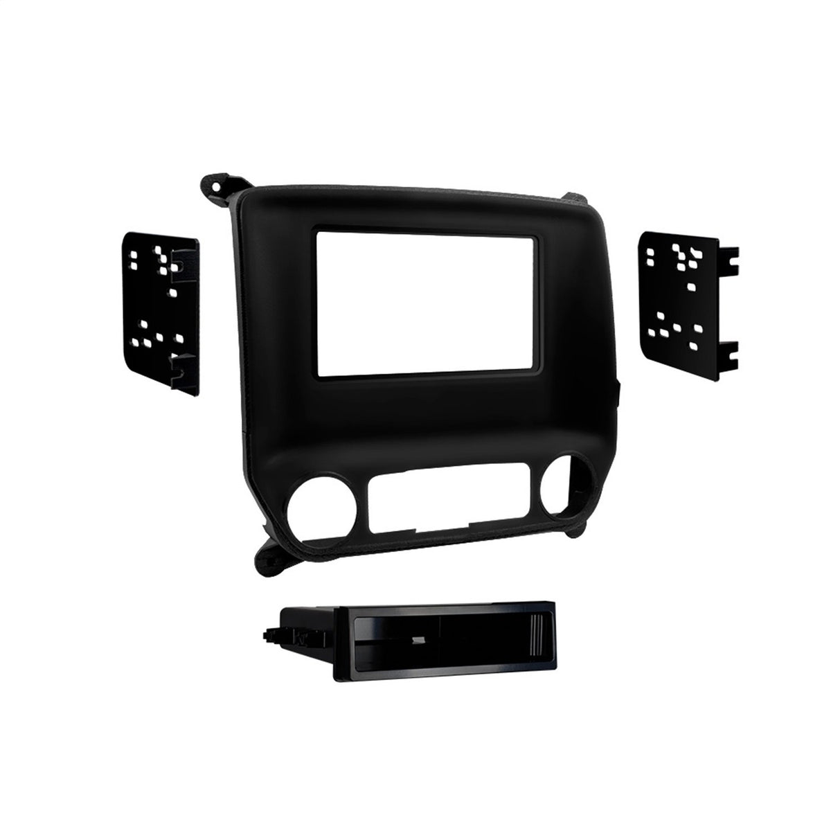 Metra 99-3014G custom-fit mounting kit installed in Chevy Silverado dash for seamless radio installation