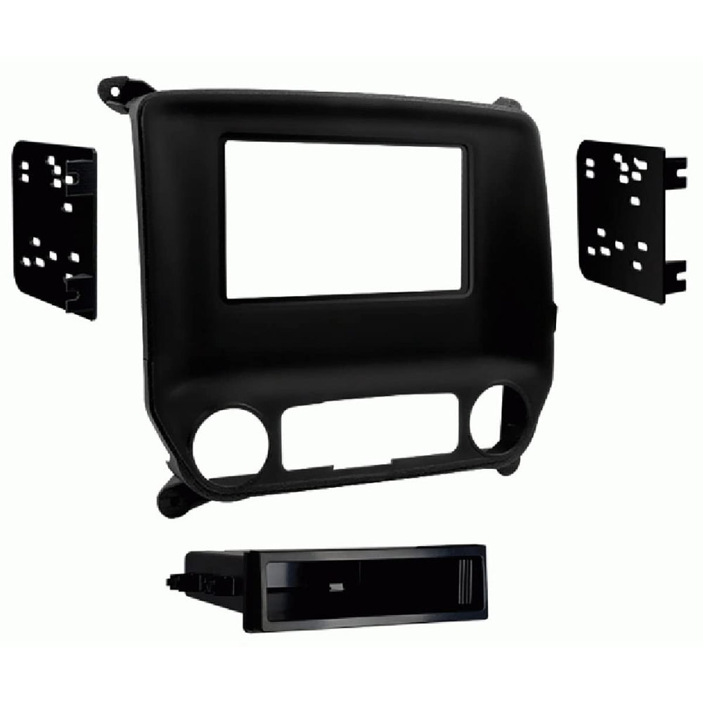 Metra 99-3014G kit components layout: trim panel, brackets, pocket, screws, ready for single-DIN
