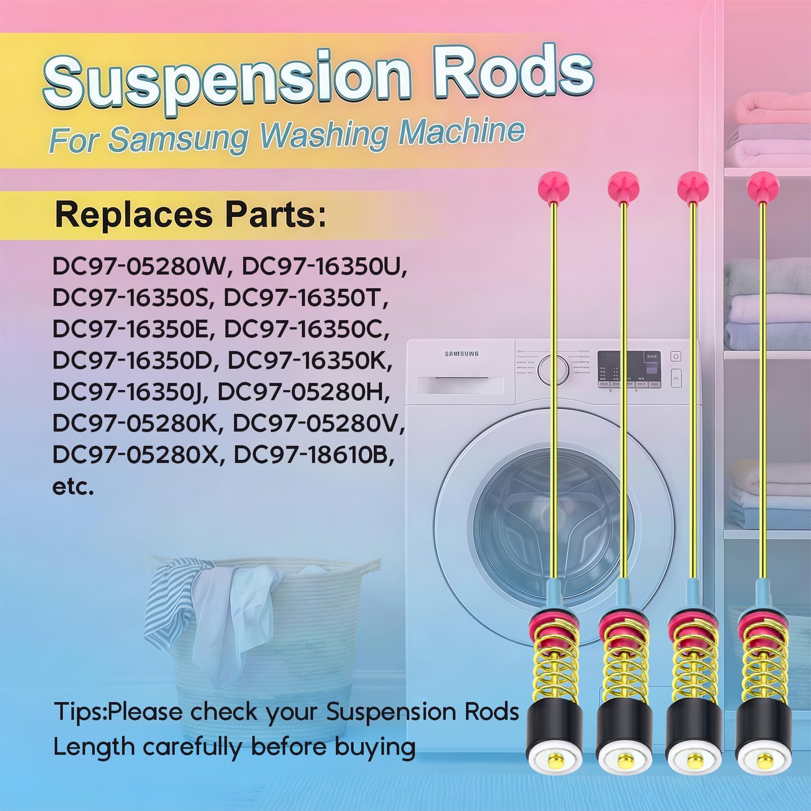 Mezvion four-piece rod pack ready for replacement on Samsung washers.