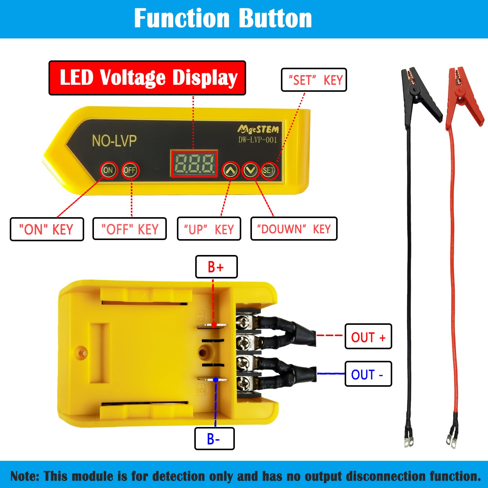 MgcSTEM jump cables show low voltage alarm for timely reminders during use.