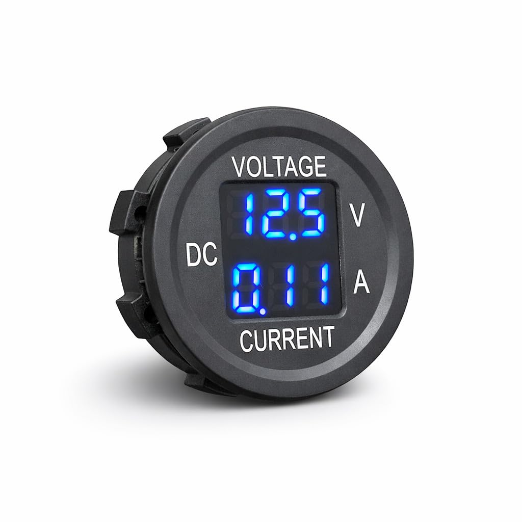 MGI SpeedWare voltmeter-ammeter display blue shows real-time readings for vehicle monitoring.