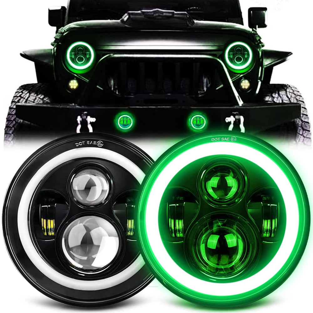 MGLLIGHT 7 inch halo headlight front view with green DRL and amber signal for Wrangler.