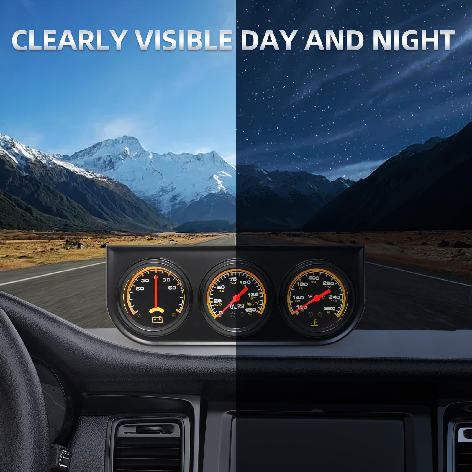 MH 52mm gauge cluster front view with backlit dials