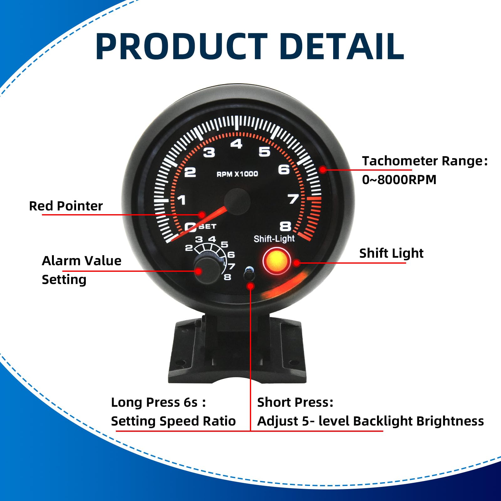 MH tachometer backlight levels for day or night visibility