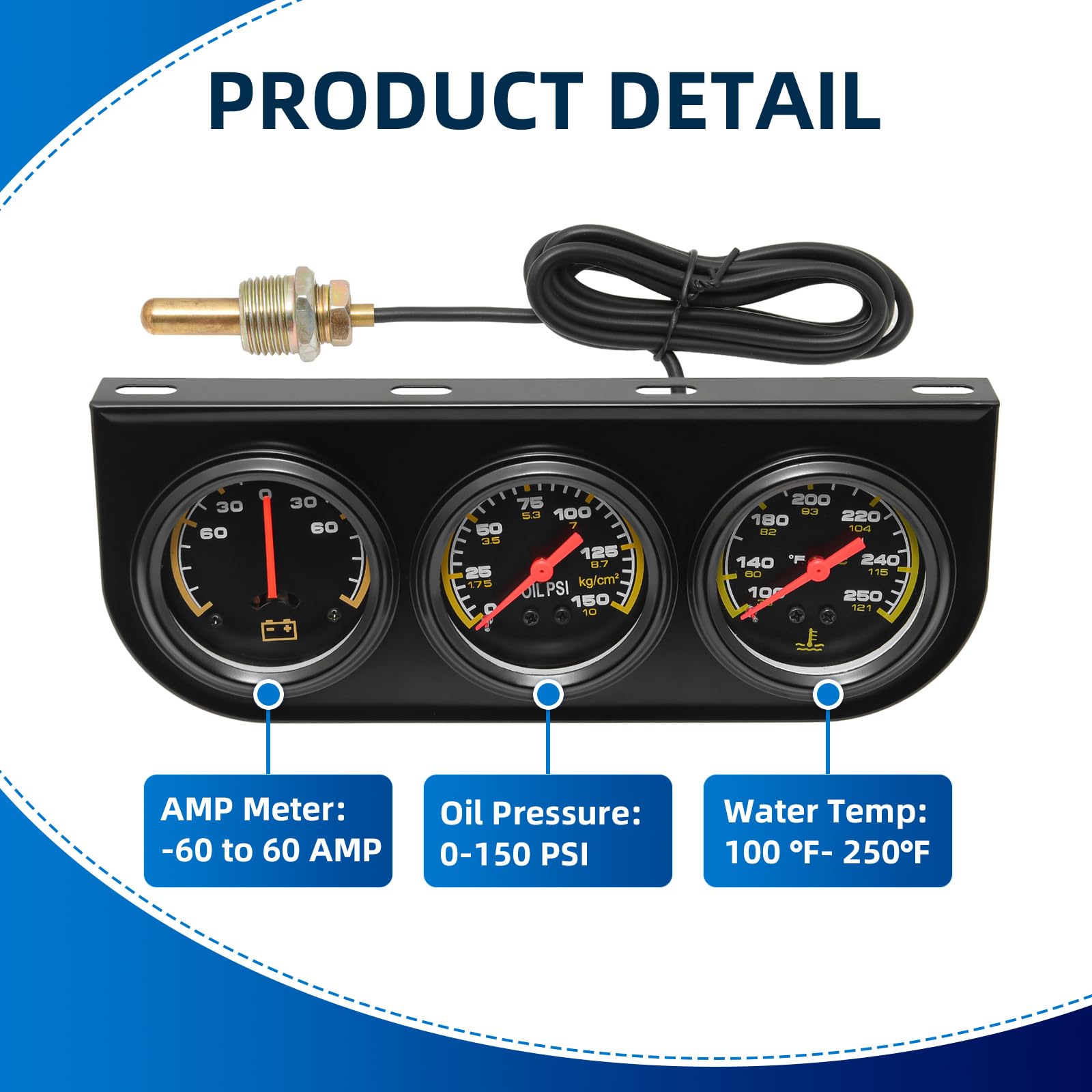 MH triple gauge set oil pressure dial monitors engine lubrication