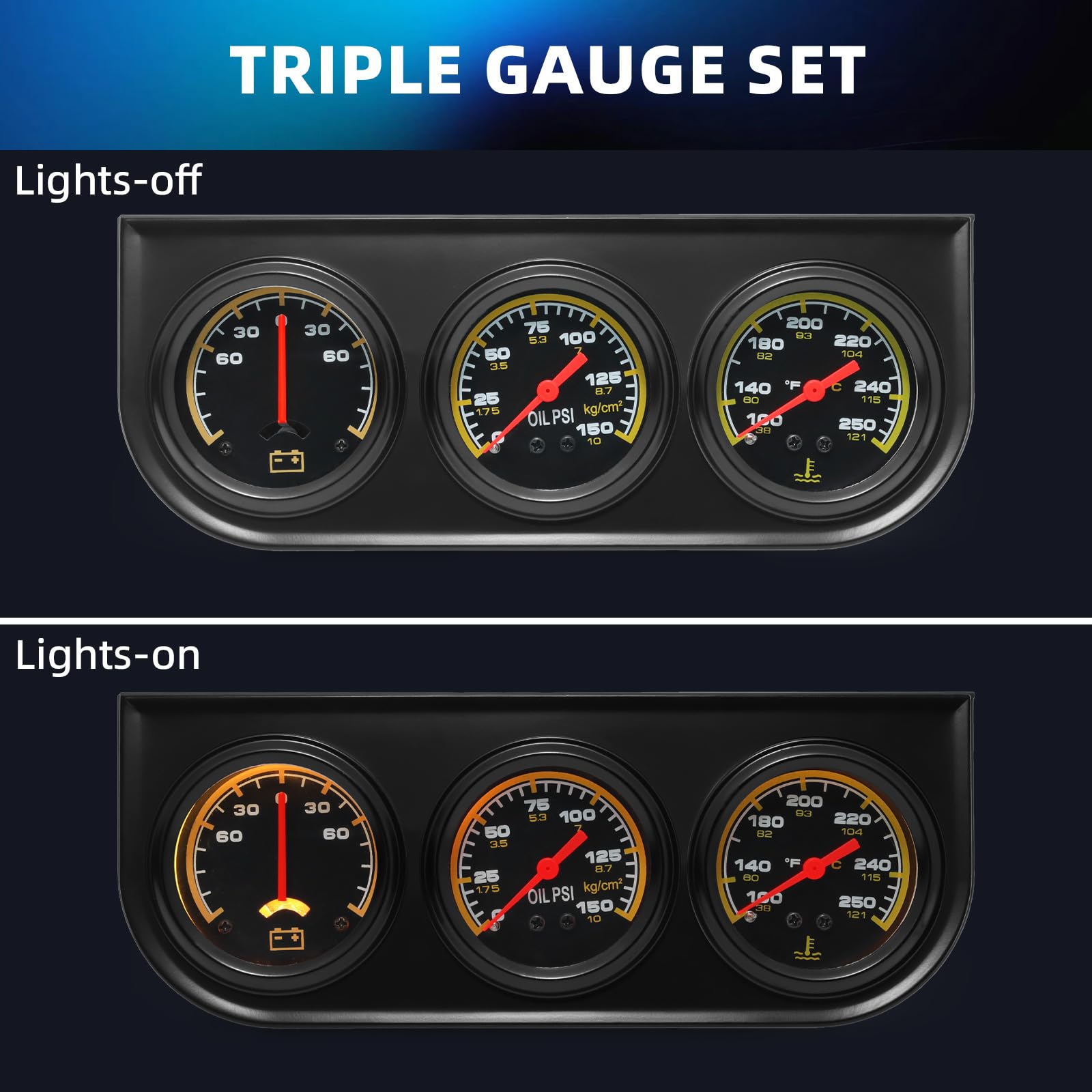 MH triple gauge set water temperature gauge shows coolant temp