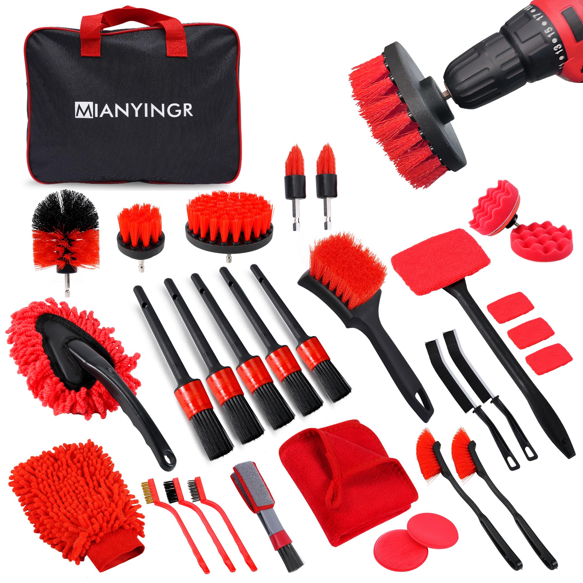 MIANYINGR 32Pcs red car detailing kit in handbag for organized car care on the go.