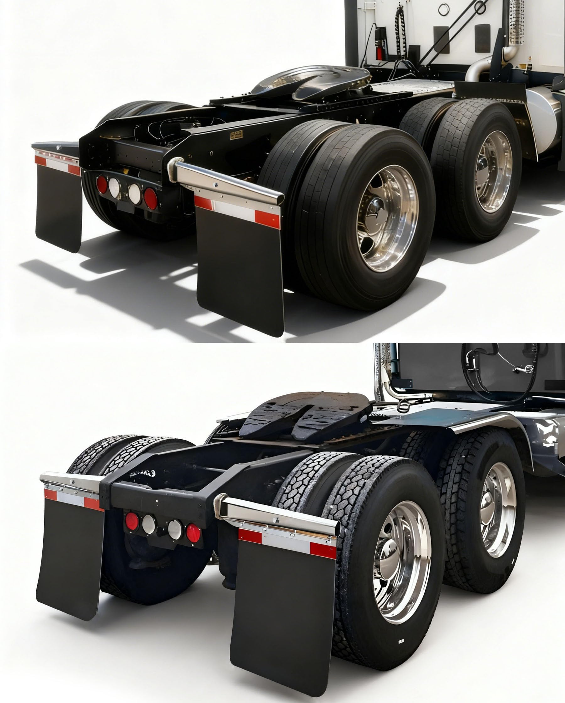 MIAOKUI semi-truck mud flap bracket installed on rear panel for extra protection.