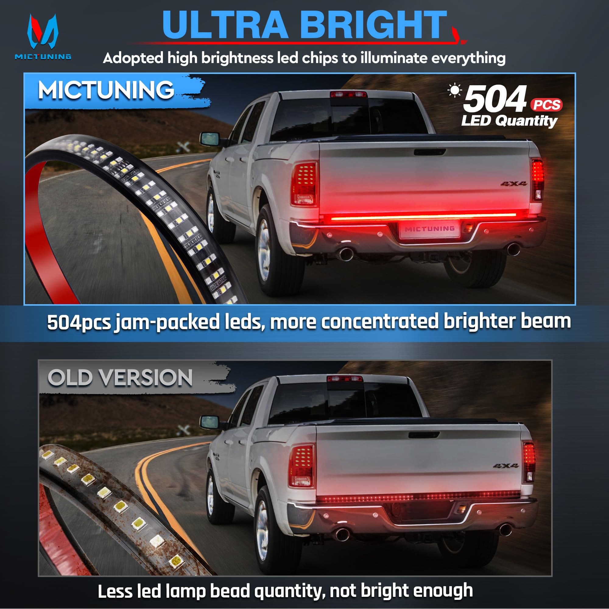 MICTUNING tailgate light in brake mode delivering bright red brake signals