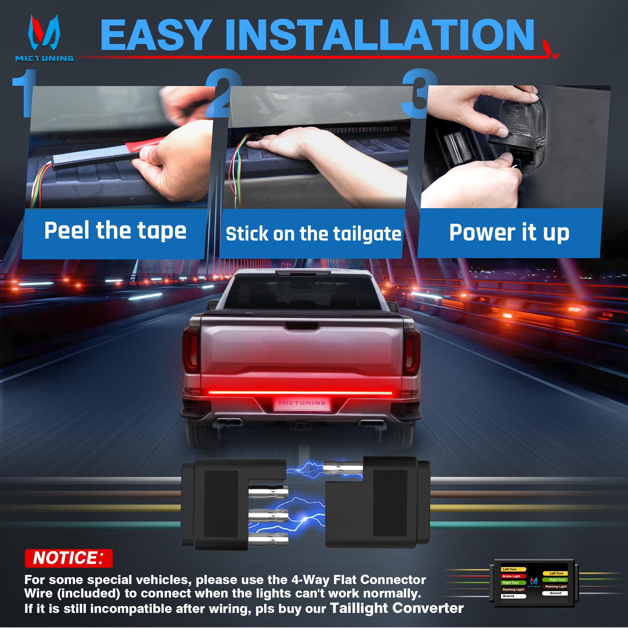 MICTUNING tailgate light in reverse mode with white illumination behind