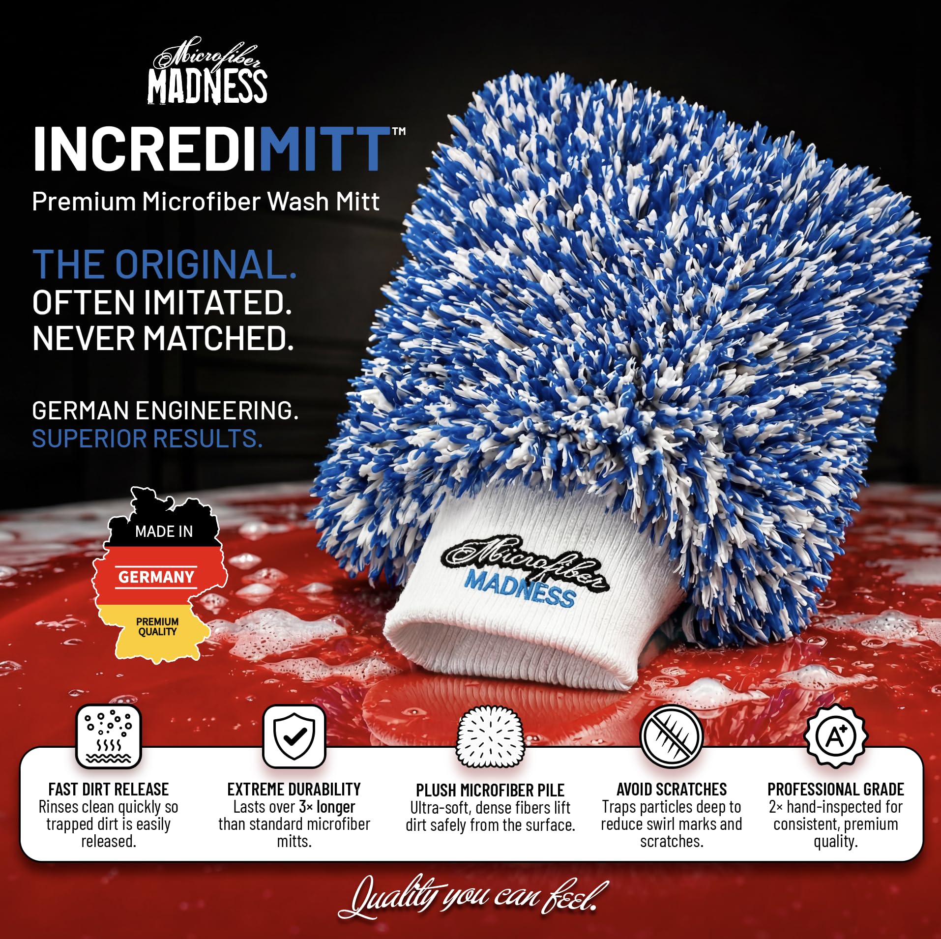 Incredimitt built-in sponge enhances water and shampoo retention for lubrication.